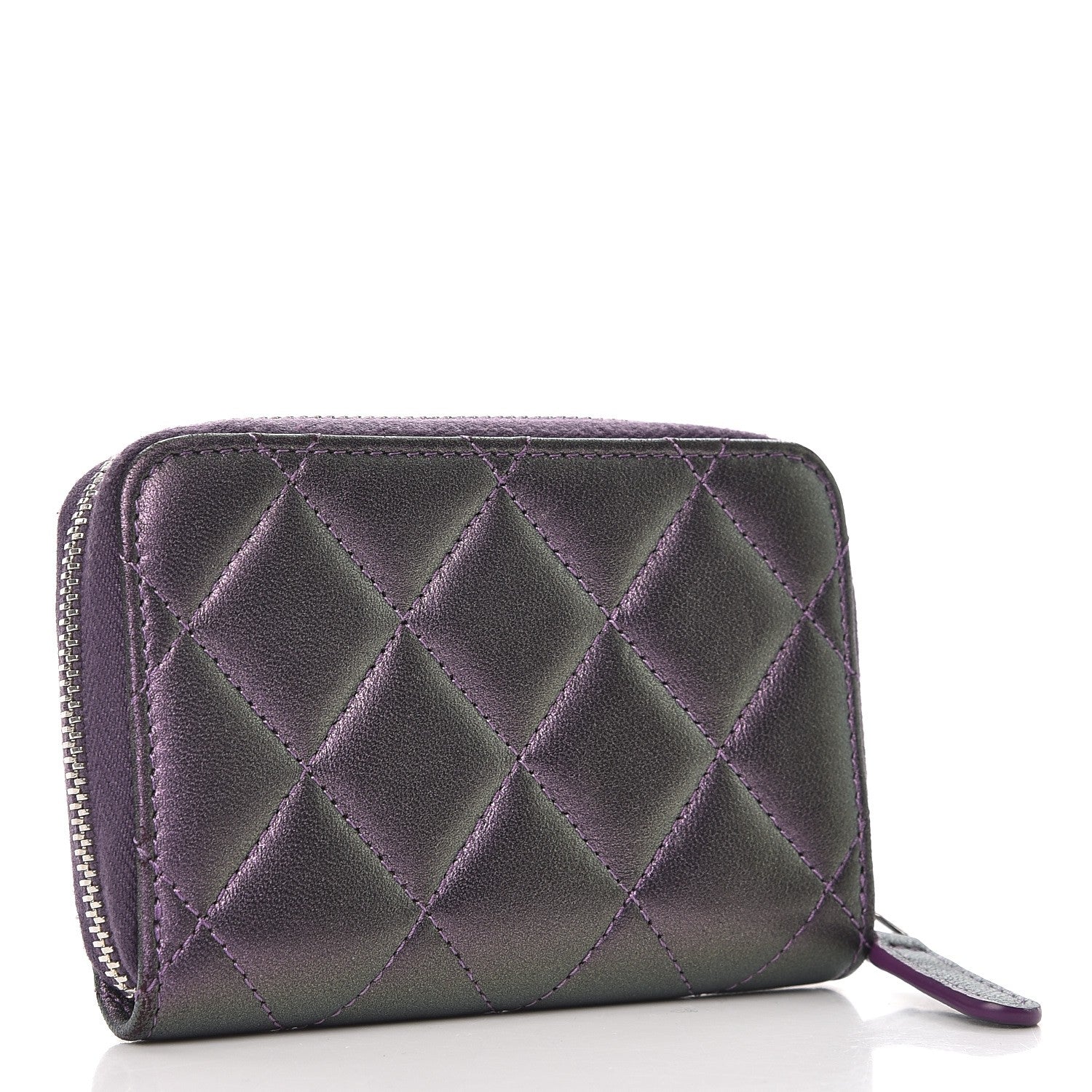 Chanel Metallic Lambskin Quilted Zip Around Coin Purse Wallet Dark Purple 3 of 7