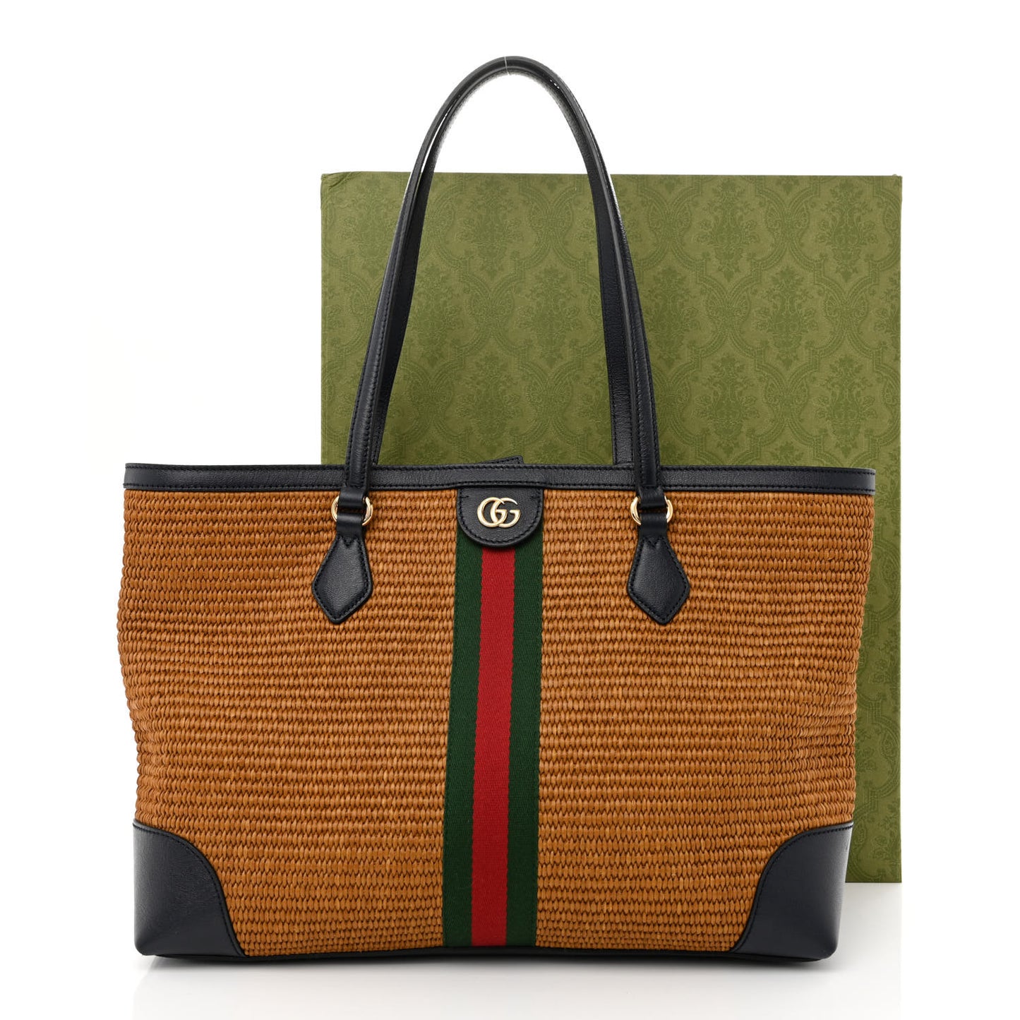 Straw Lux Calfskin Web Medium Ophidia Shopping Tote Dark Natural Blue