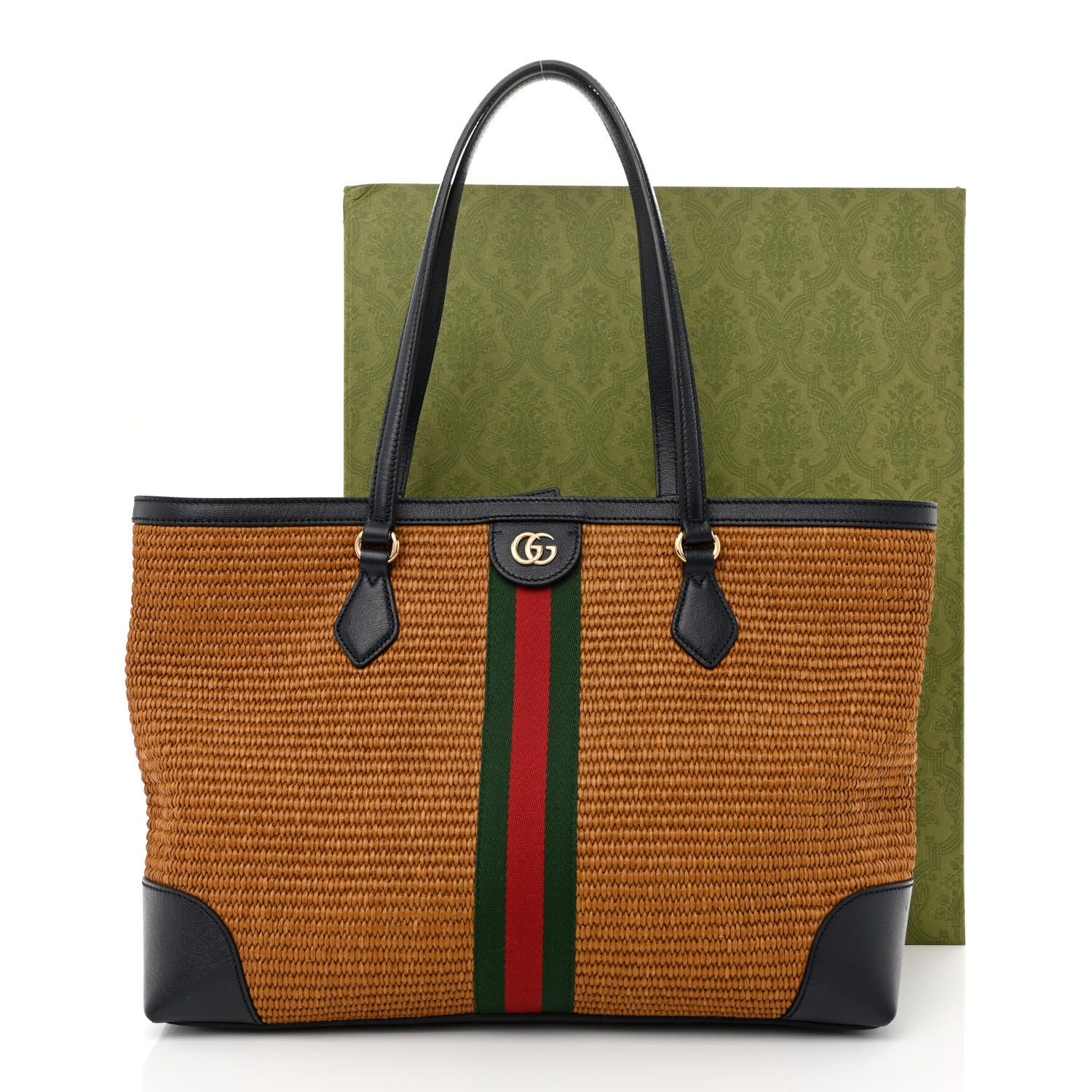 Gucci Straw Lux Calfskin Web Medium Ophidia Shopping Tote Dark Natural Blue 11 of 11