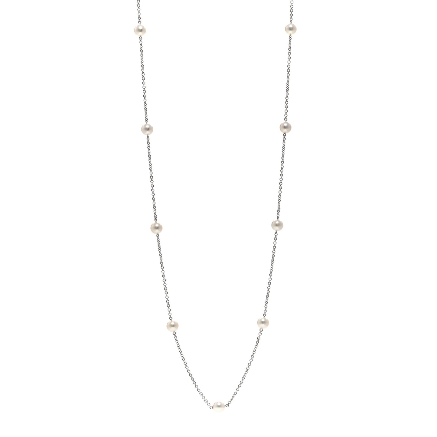 18K White Gold Akoya Pearl 6mm Station Necklace 32"