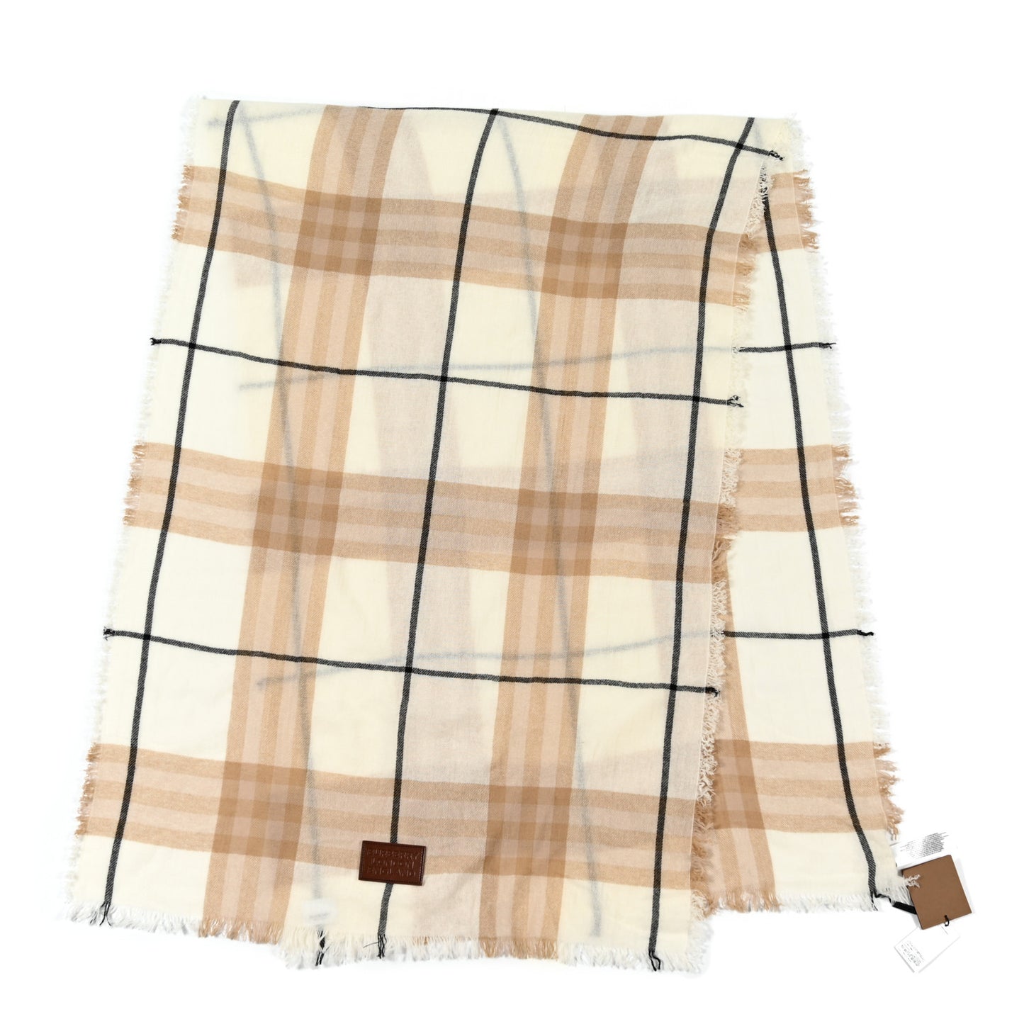 Cashmere Giant Check Midweight Fringe Scarf Frosted White