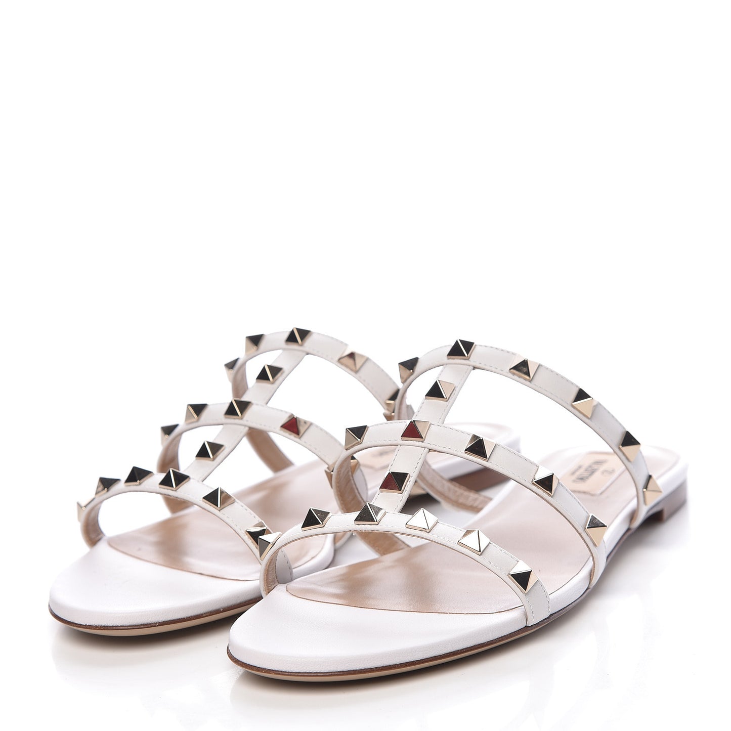 Nappa Rockstud Caged Flat Slide Sandals 37 Bianco Ottico