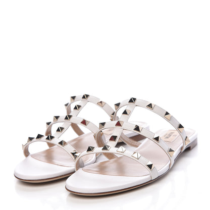 Valentino Garavani Nappa Rockstud Caged Flat Slide Sandals 37 Bianco Ottico 3 of 9