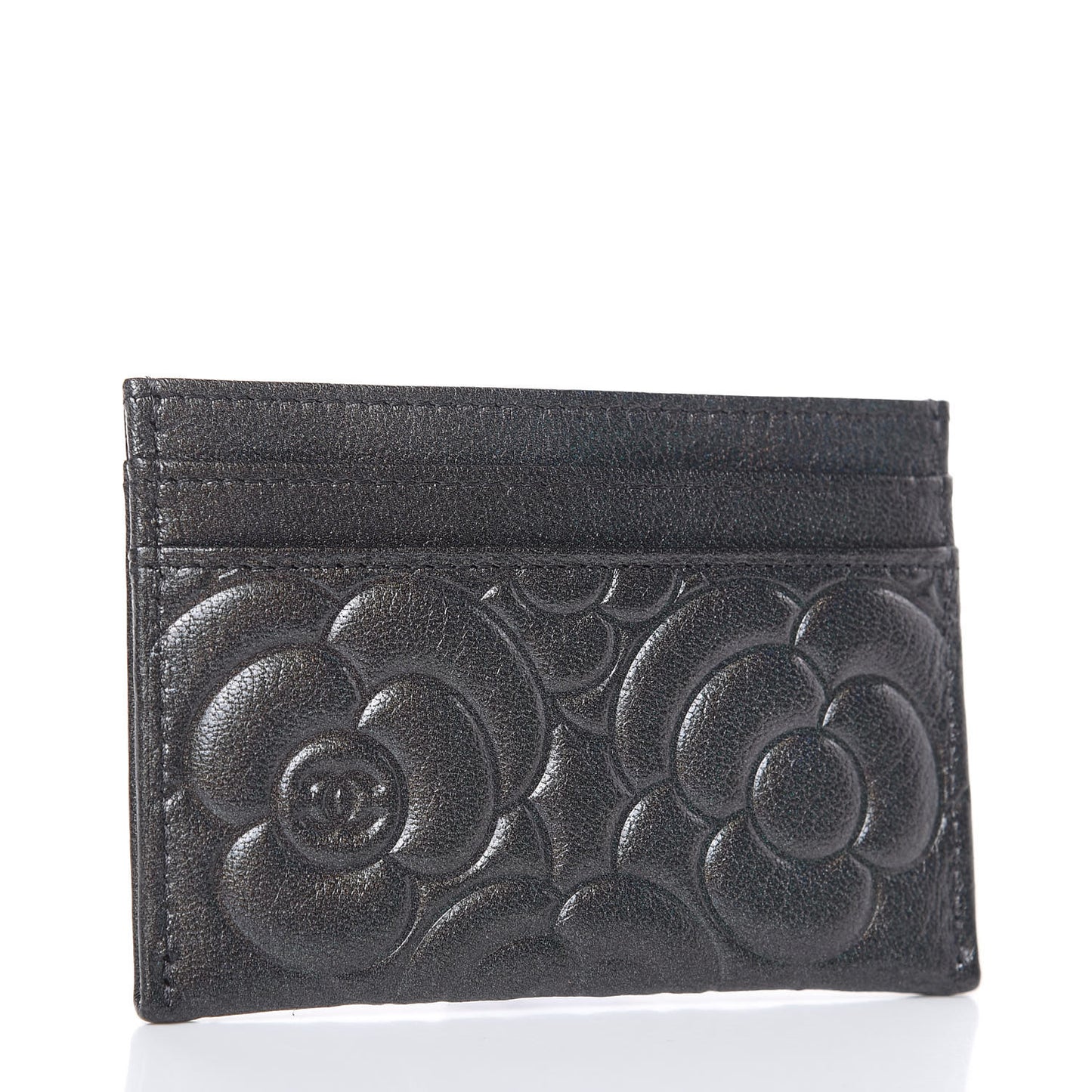 Goatskin Camellia Embossed Card Holder Grey