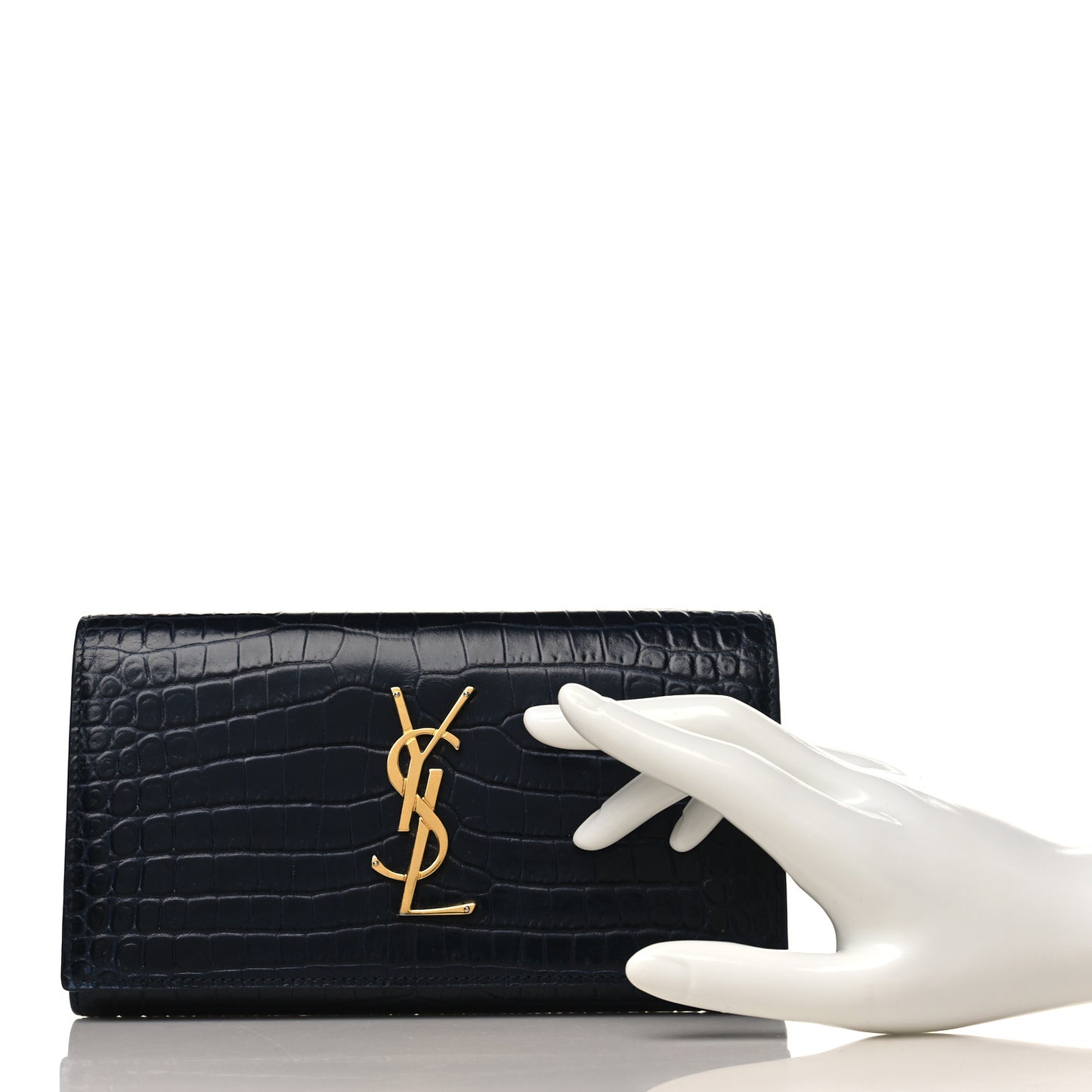 Calfskin Crocodile Embossed Monogram Flap Wallet Navy