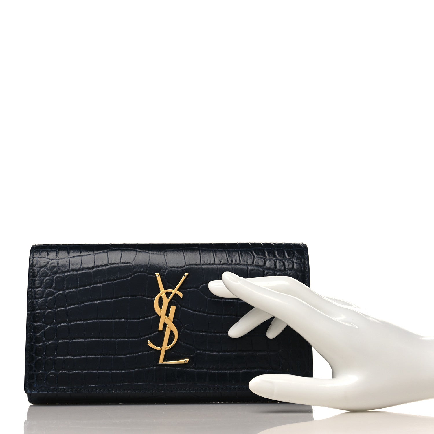 Saint Laurent Calfskin Crocodile Embossed Monogram Flap Wallet Navy 2 of 10
