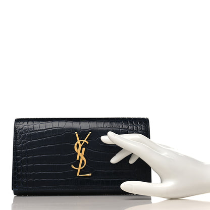 Saint Laurent Calfskin Crocodile Embossed Monogram Flap Wallet Navy 2 of 10