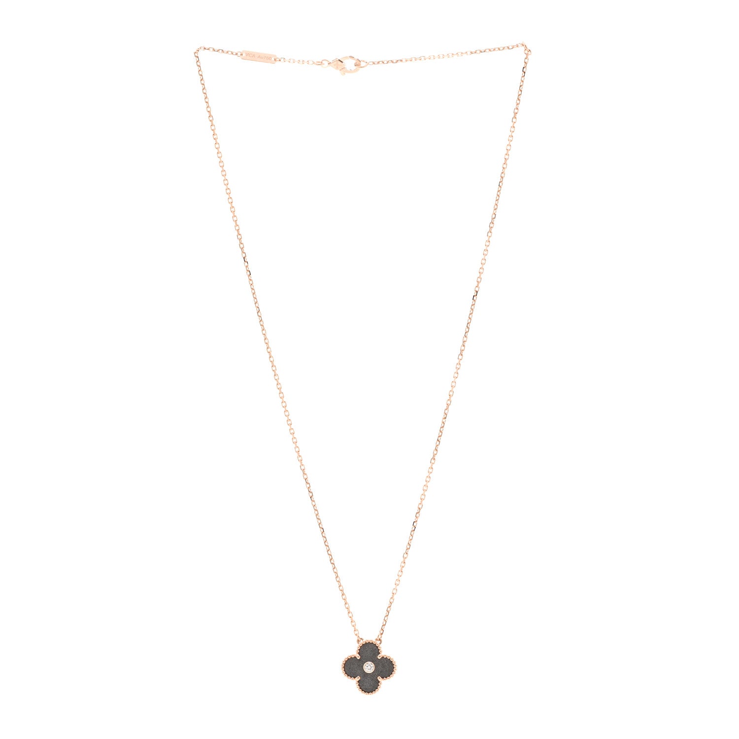 Van Cleef & Arpels 18K Rose Gold Diamond Silver Obsidian Vintage Alhambra Pendant Necklace 3 of 5