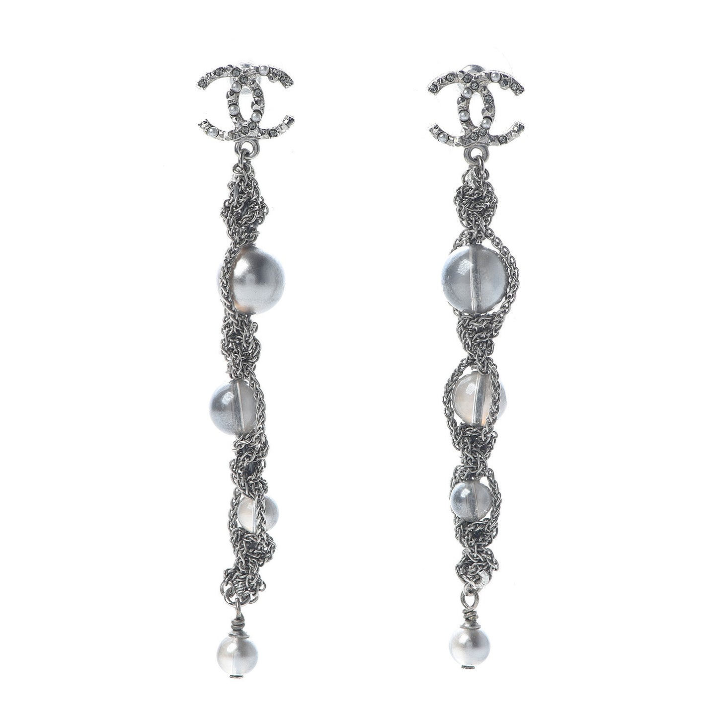 Pearl Crystal CC Chain Drop Earrings Silver