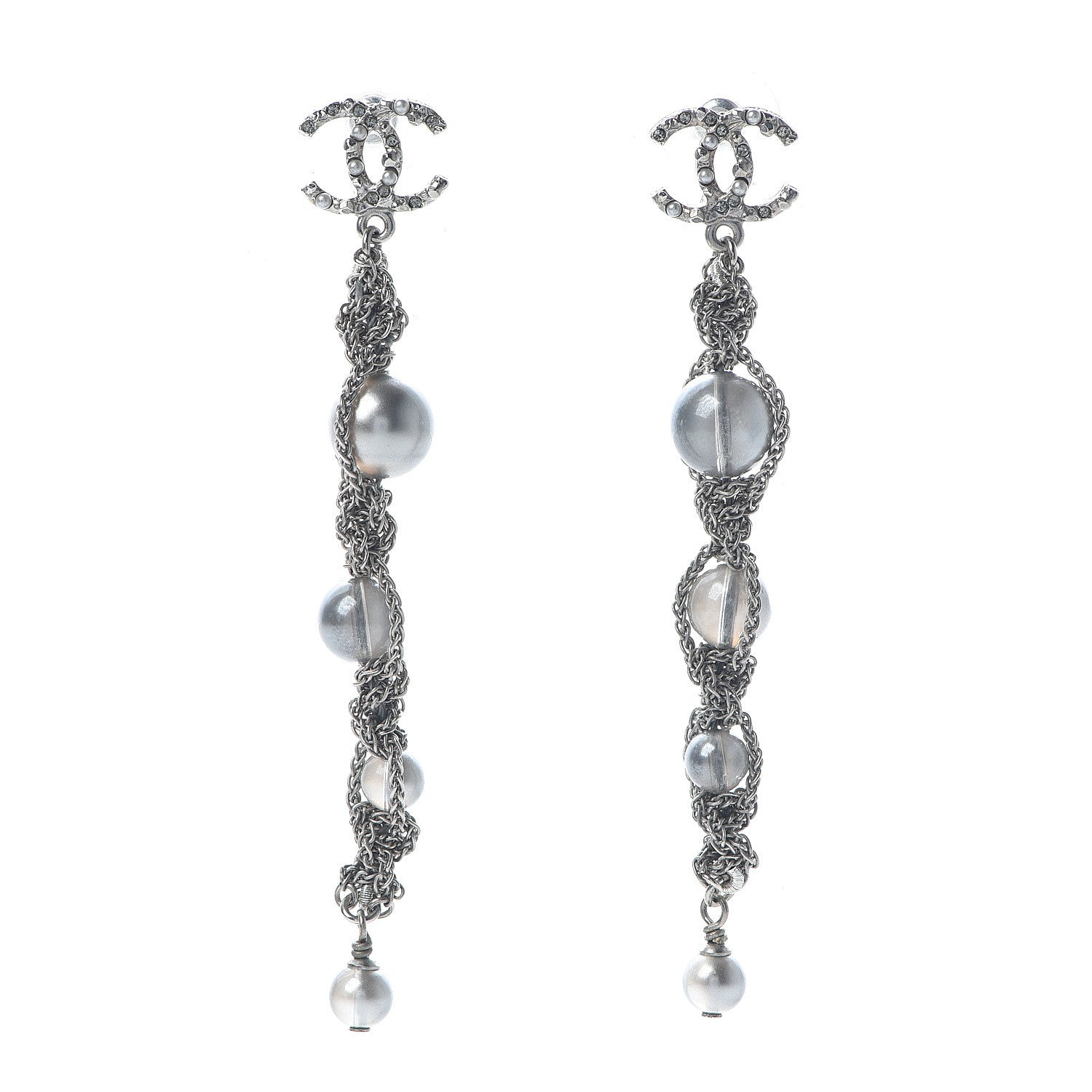 Chanel Pearl Crystal CC Chain Drop Earrings Silver 1 of 5