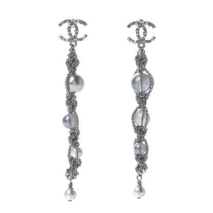 Chanel Pearl Crystal CC Chain Drop Earrings Silver 1 of 5
