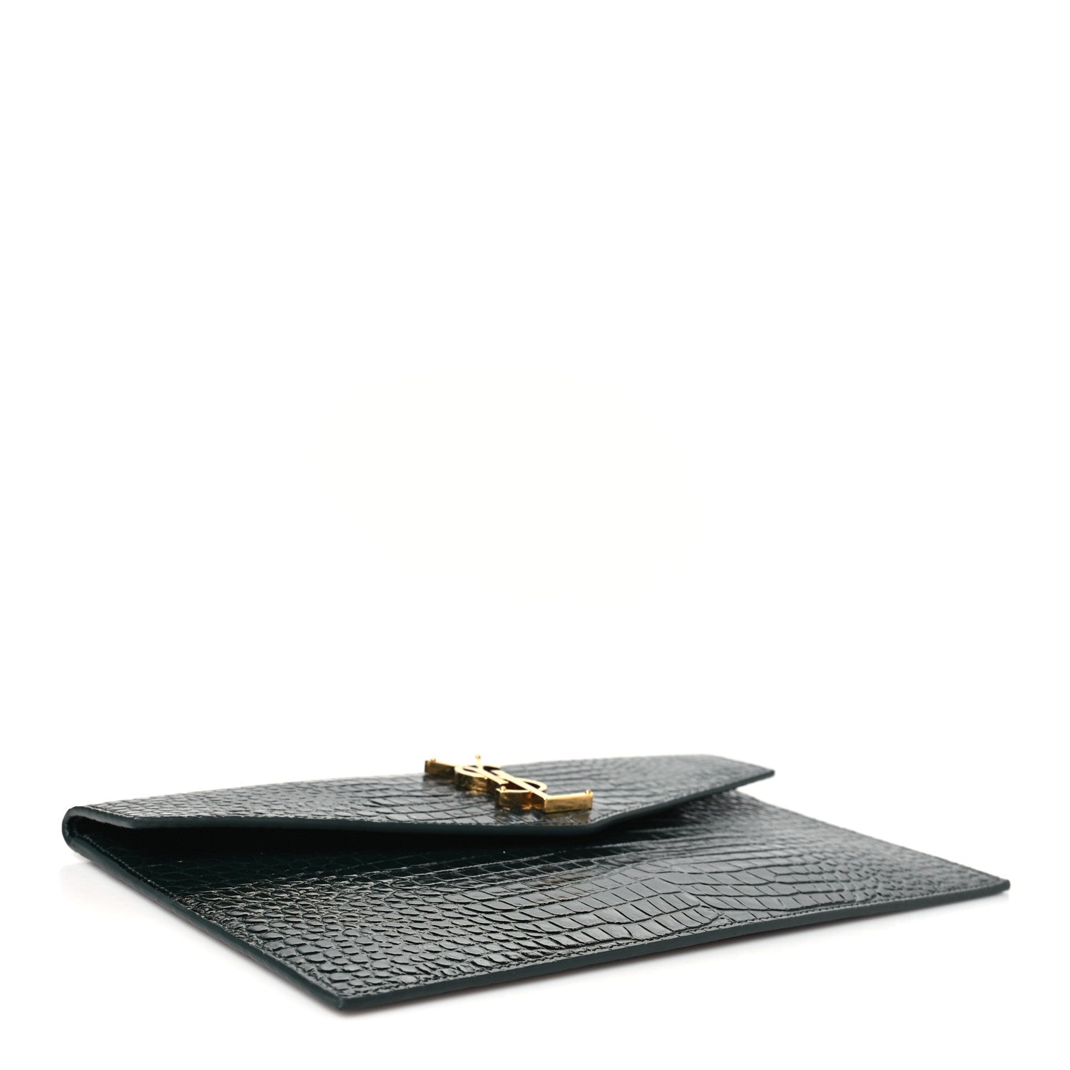 Saint Laurent Calfskin Crocodile Embossed Uptown Monogram Clutch Dark Green 4 of 9