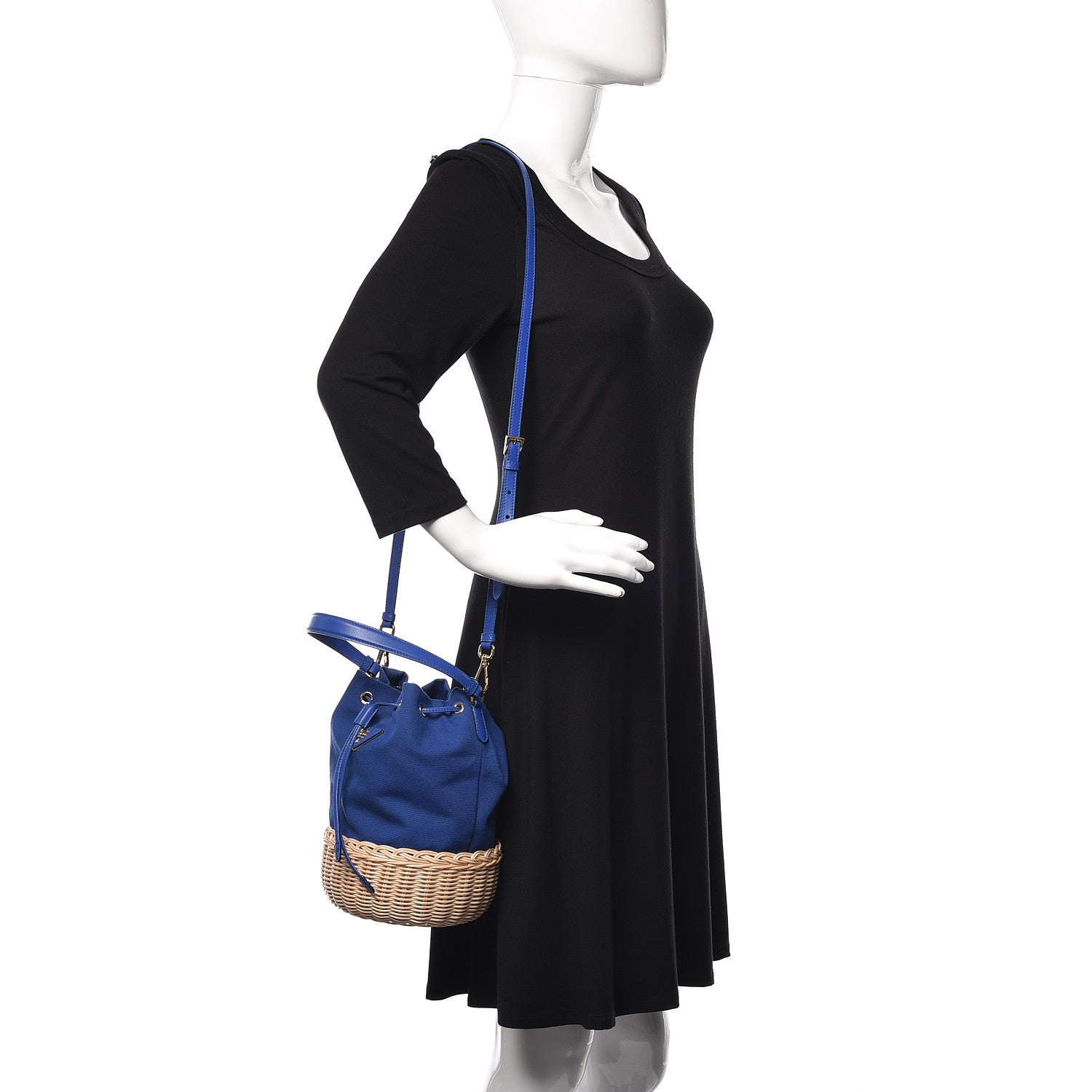 Prada Wicker Canvas Bucket Bag Blue 3 of 10