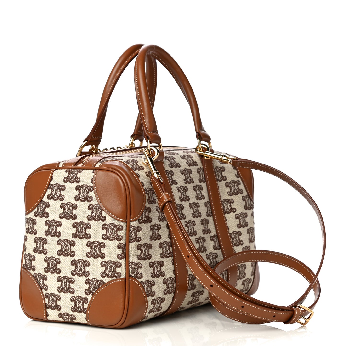 Triomphe Textile Calfskin Small Boston Bag Brown