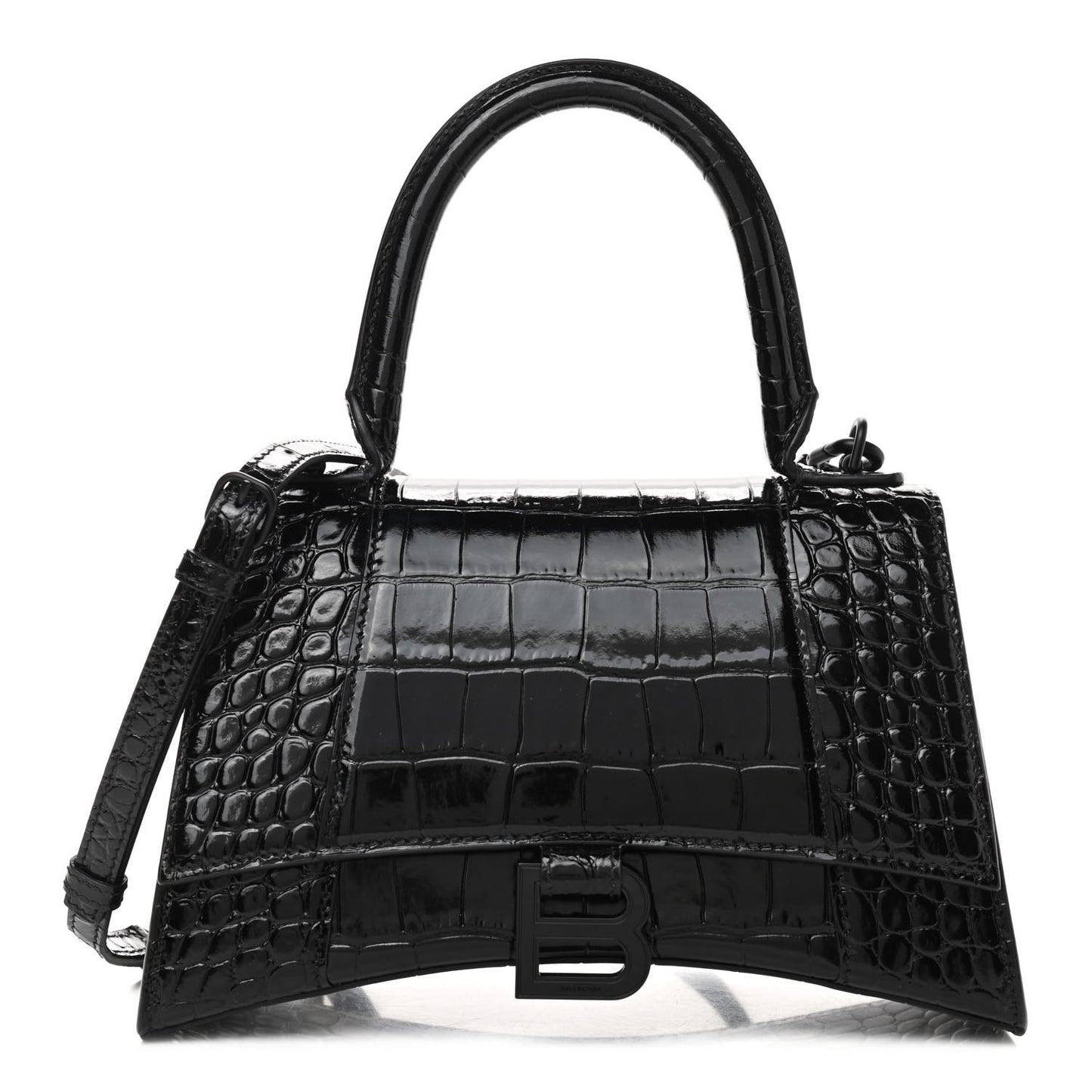 Shiny Calfskin Monochrome Crocodile Embossed Small Hourglass Top Handle Bag Black
