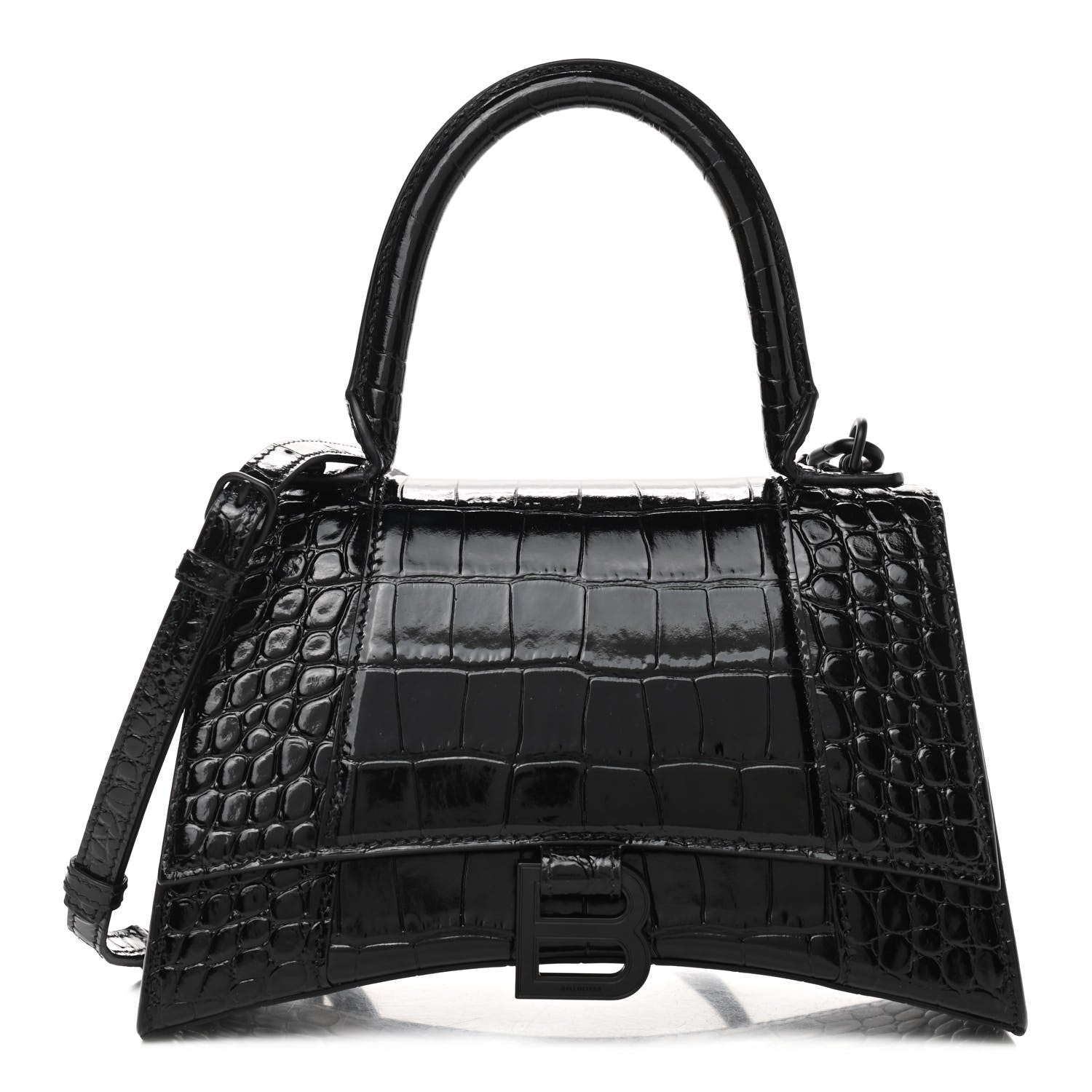 Balenciaga Shiny Calfskin Monochrome Crocodile Embossed Small Hourglass Top Handle Bag Black 1 of 8