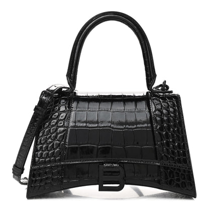 Balenciaga Shiny Calfskin Monochrome Crocodile Embossed Small Hourglass Top Handle Bag Black 1 of 8