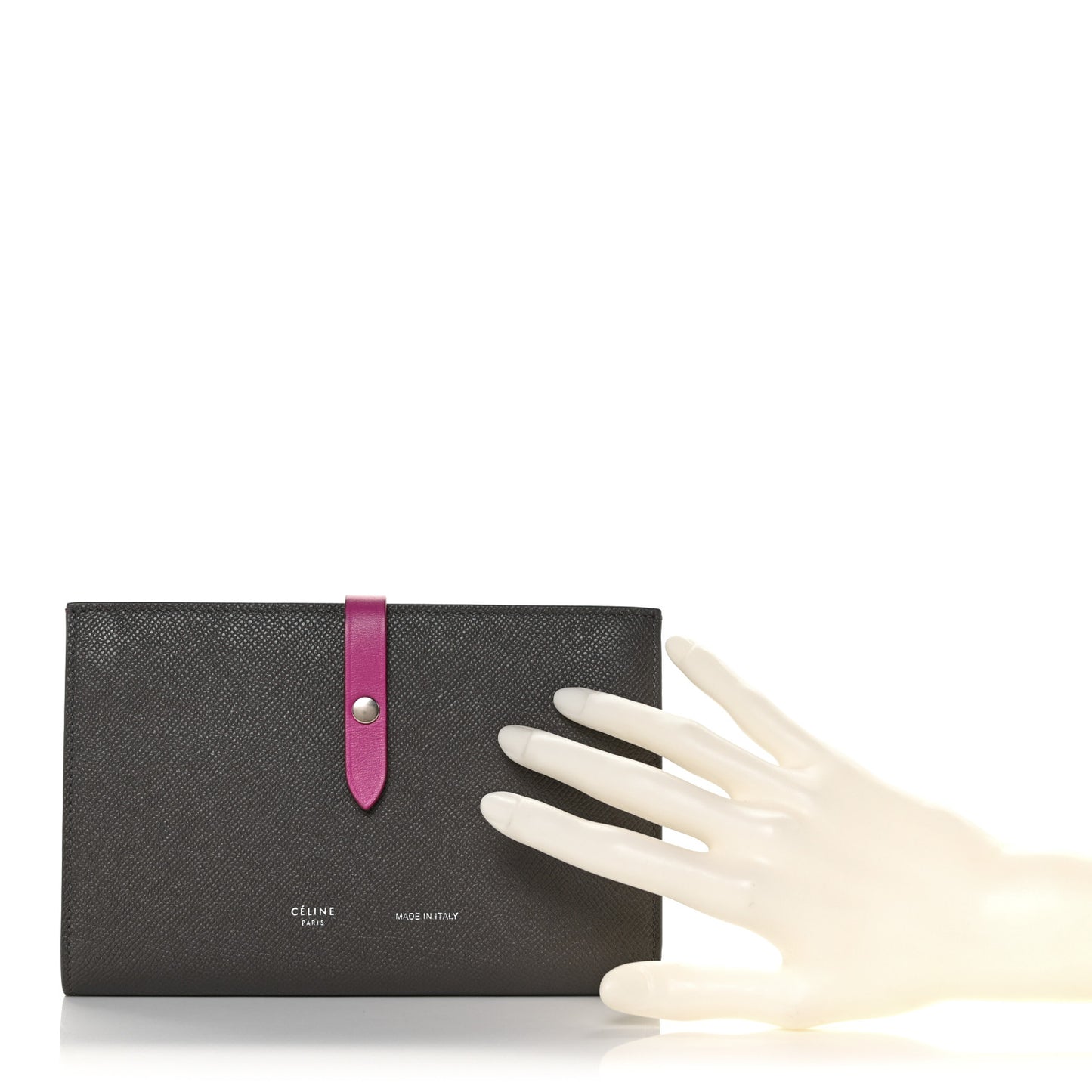 Grained Calfskin Large Multifunction Strap Wallet Grey Pink