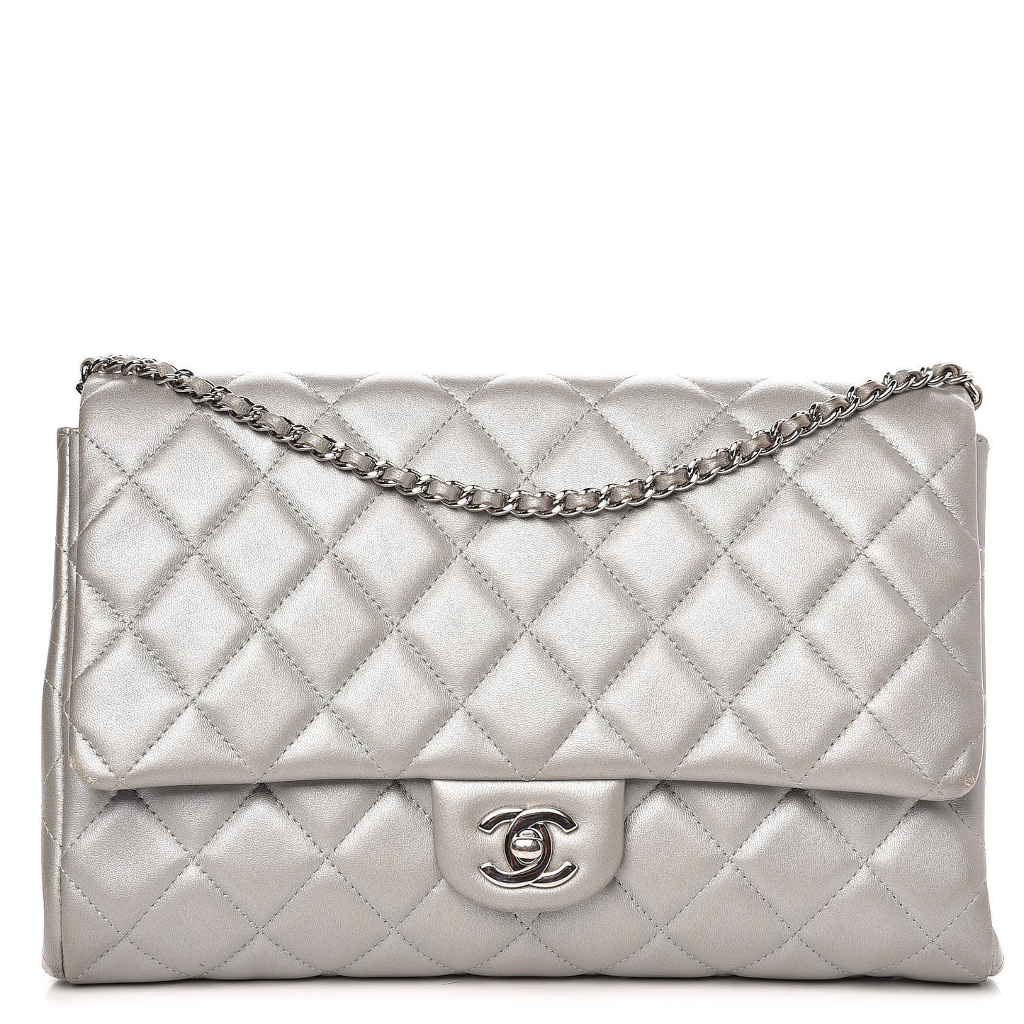 Metallic Lambskin Quilted Clutch With Chain Flap Grey
