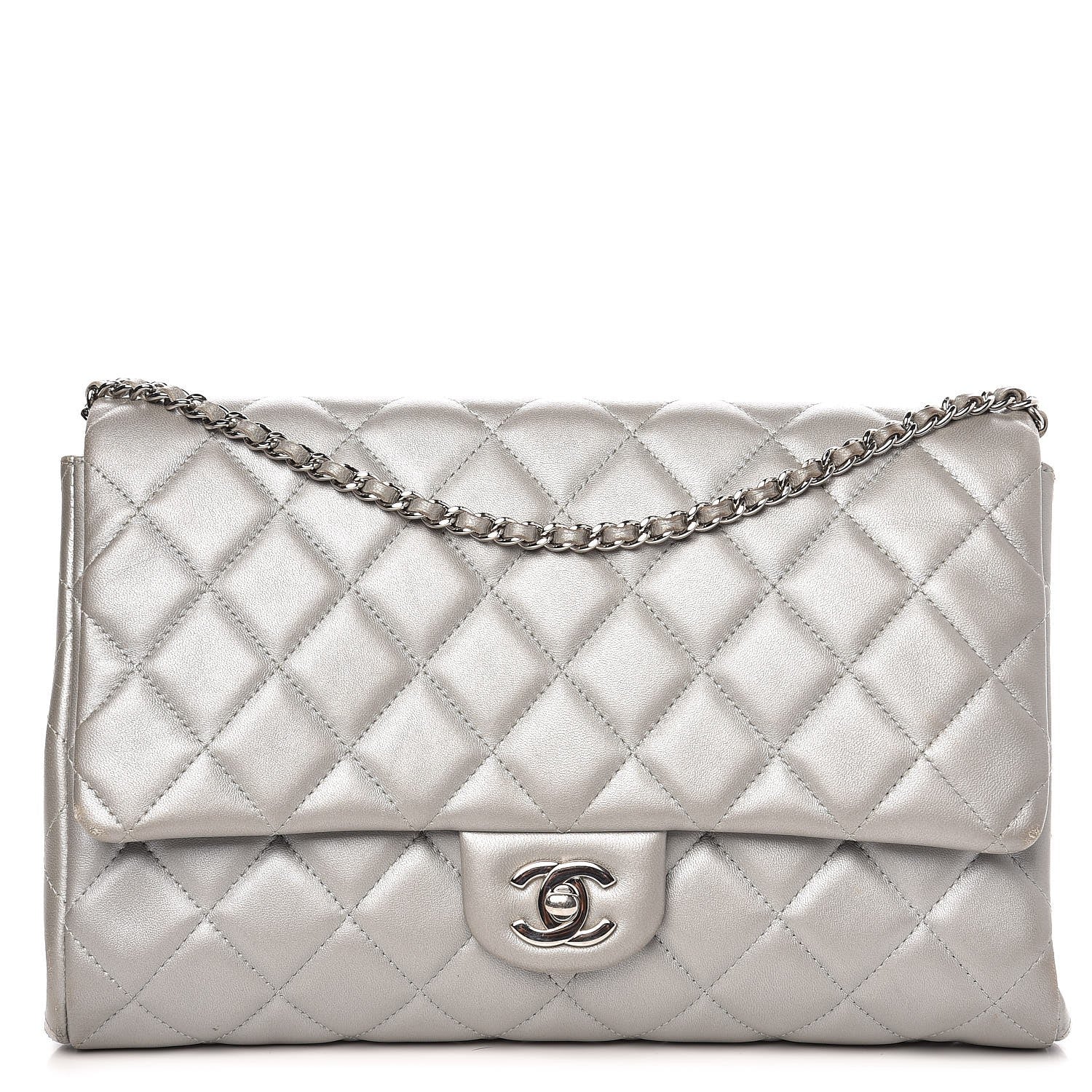 Chanel Metallic Lambskin Quilted Clutch With Chain Flap Grey 1 of 12