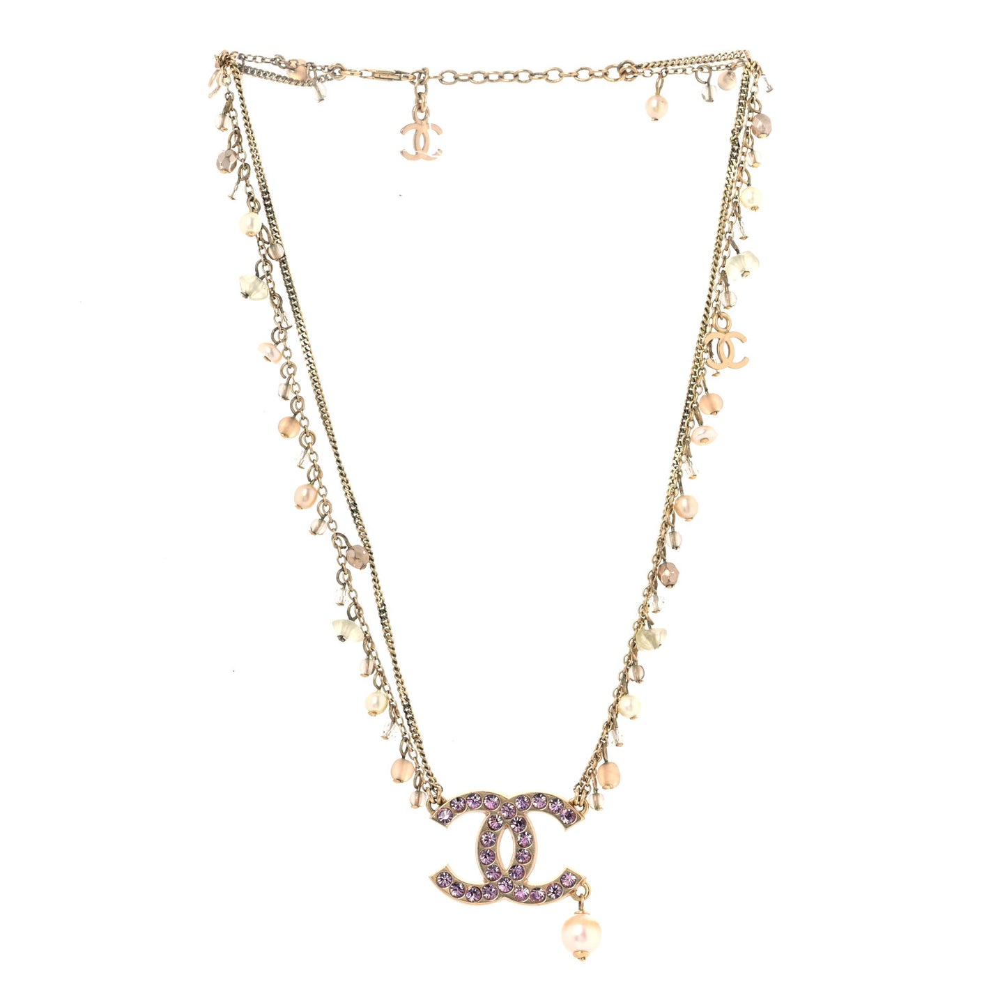 Pearl Beaded Crystal CC Long Necklace Pink