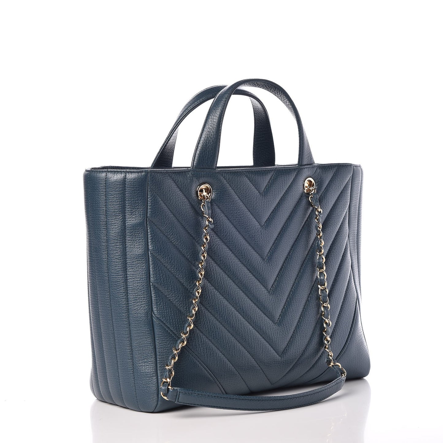 Metallic Calfskin Chevron Quilted Statement Shopping Bag Blue