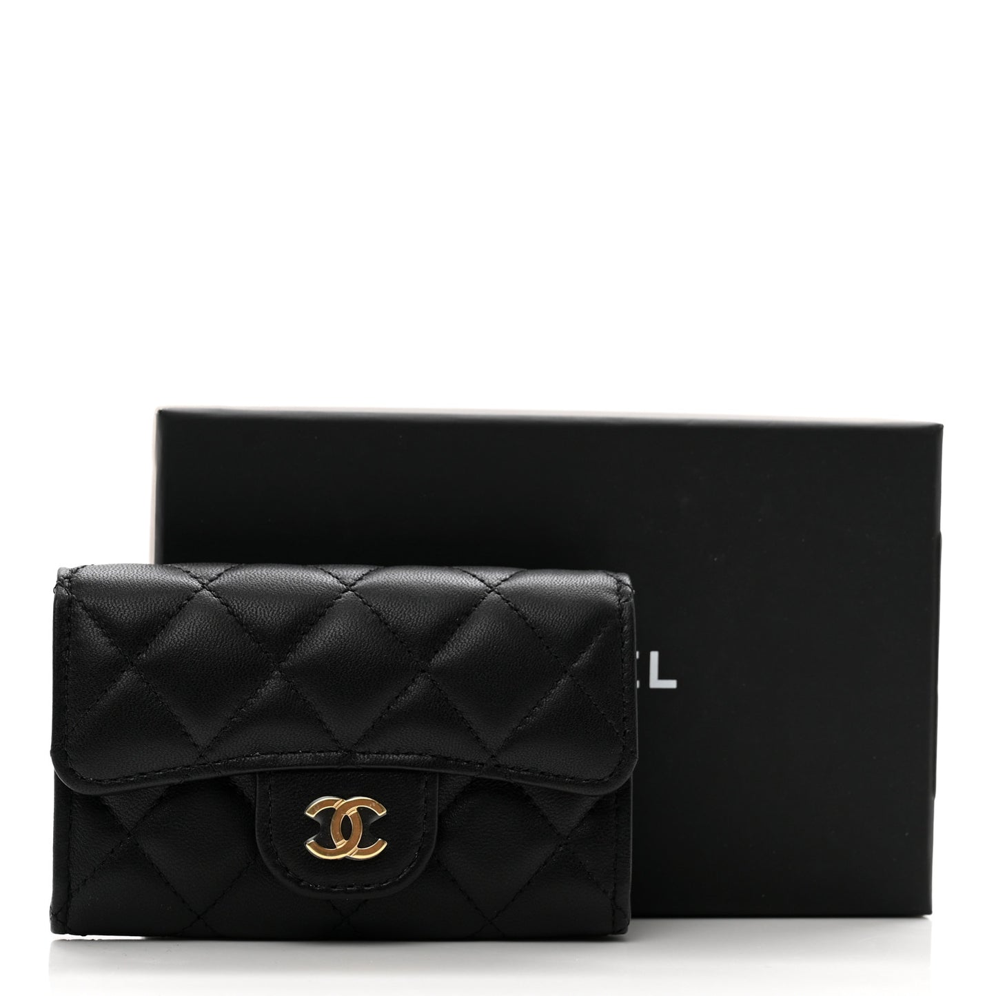 Lambskin Quilted Flap Card Holder Black
