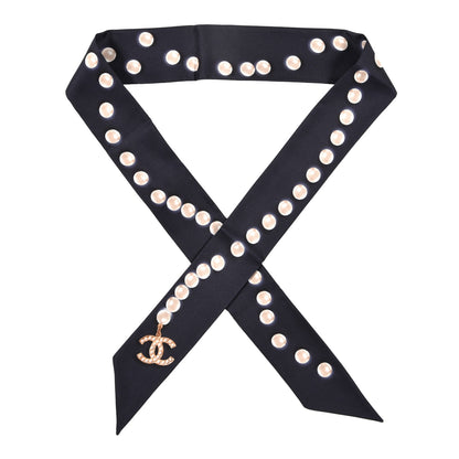 Chanel Silk Pearl CC Slim Bandeau Scarf Navy 1 of 3