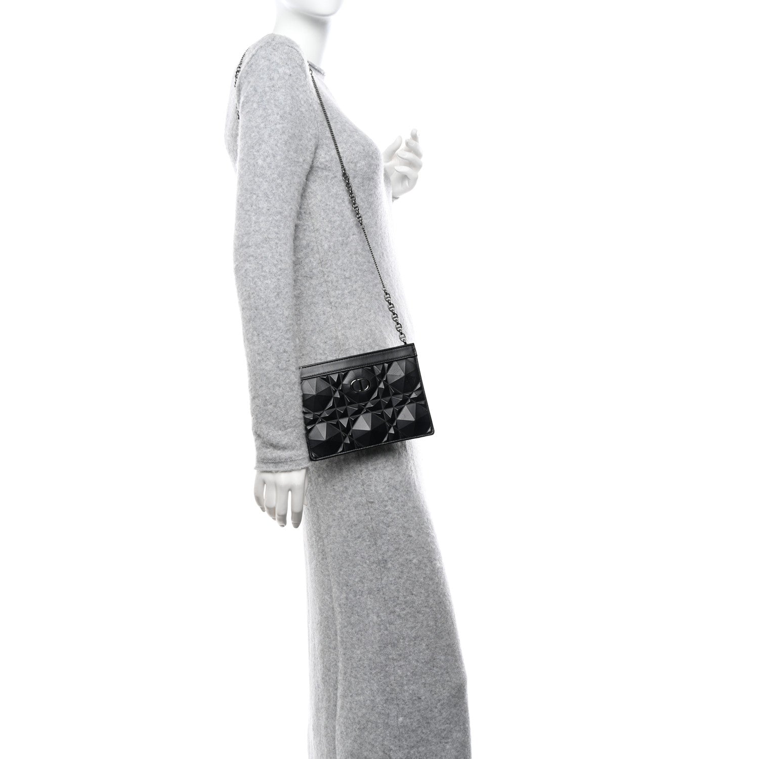 Christian Dior Calfskin Macrocannage Diamond Caro Zipped Pouch With Chain Black 2 of 13