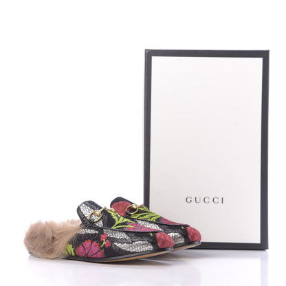 Gucci Brocade Fur Floral Womens Princetown Slippers 36 Black Anthracite 10 of 10