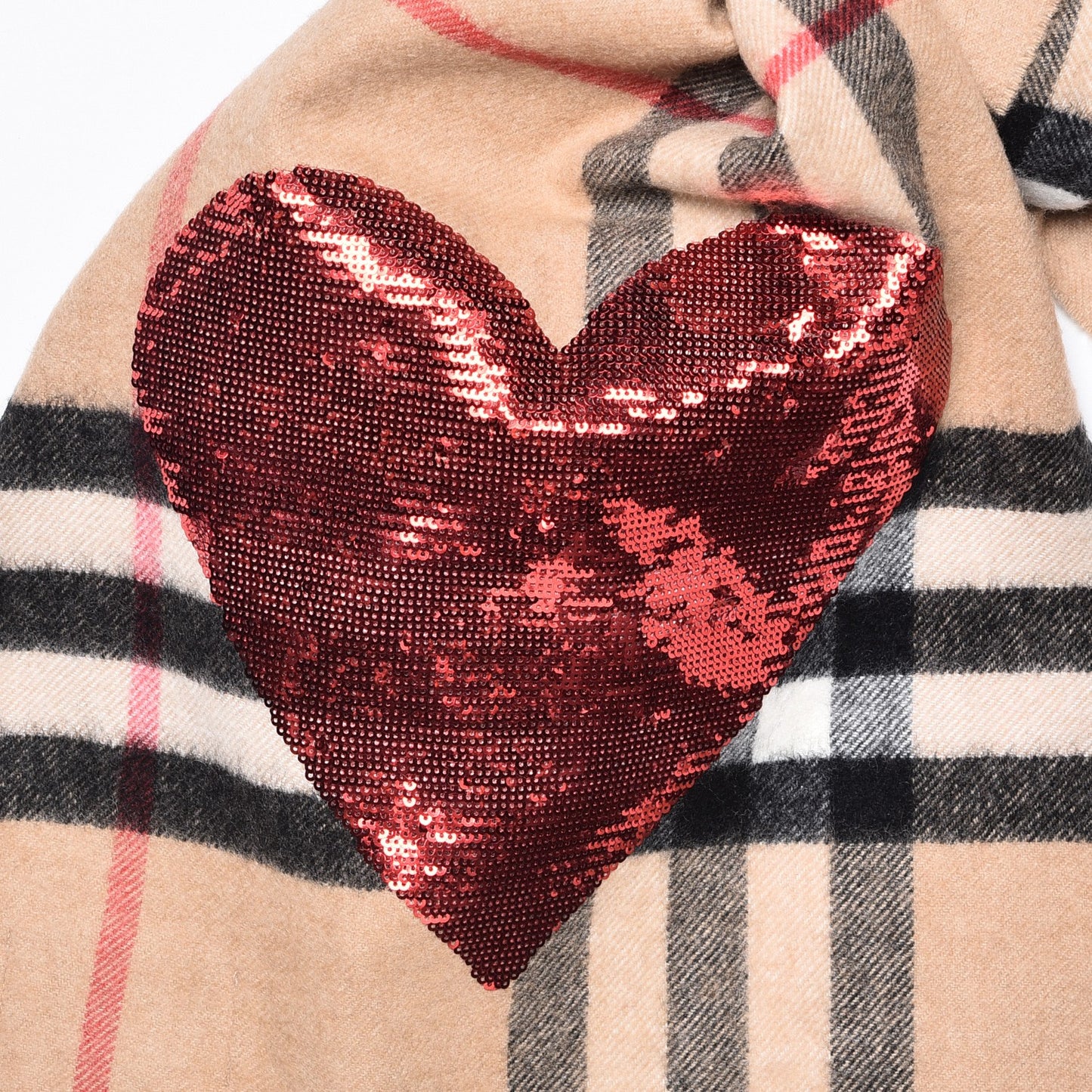 Cashmere Sequin Giant Check Heart Fringe Scarf Camel Red