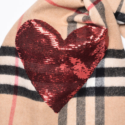 Burberry Cashmere Sequin Giant Check Heart Fringe Scarf Camel Red 4 of 6