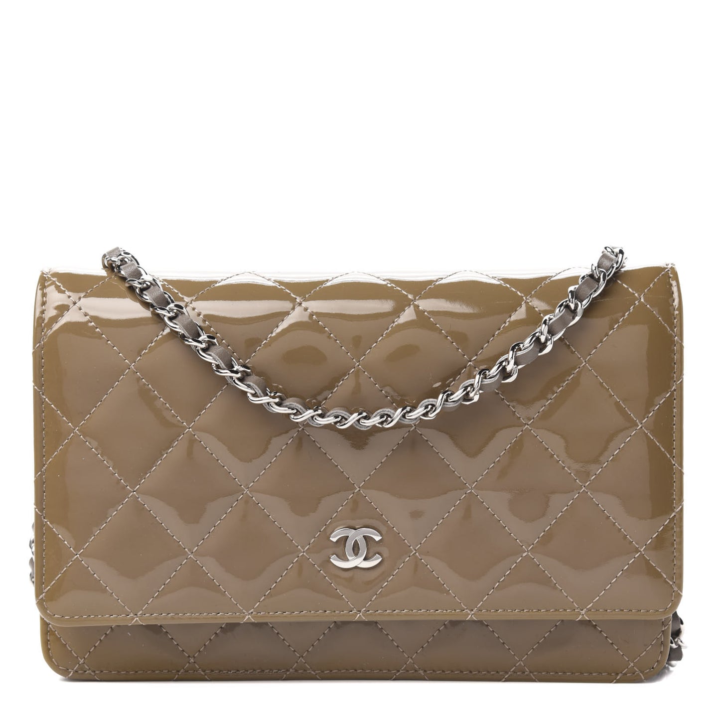 Patent Quilted Wallet On Chain WOC Brown