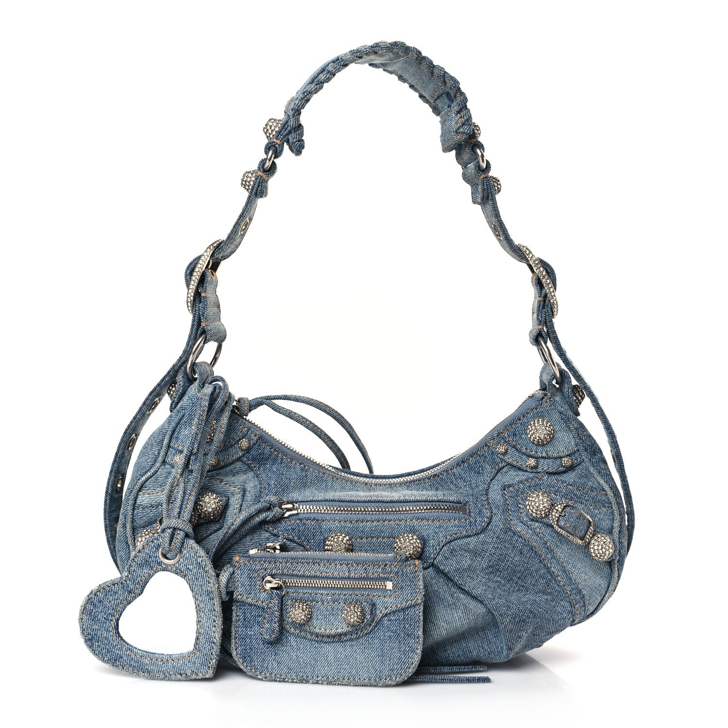 Balenciaga Washed Frayed Denim Crystal Small Le Cagole Shoulder Bag Blue 1 of 9