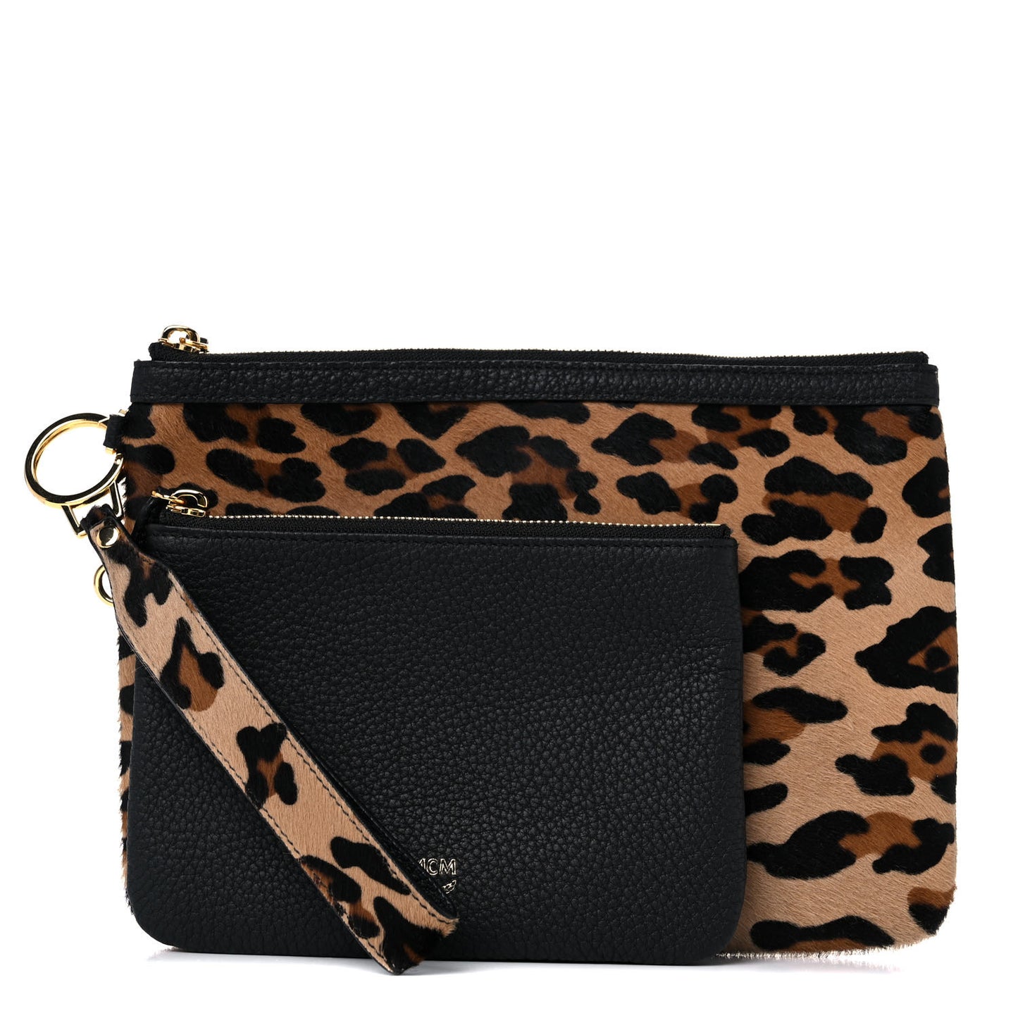 Calf Hair Calfskin Leopard Zip Pouch Set Black