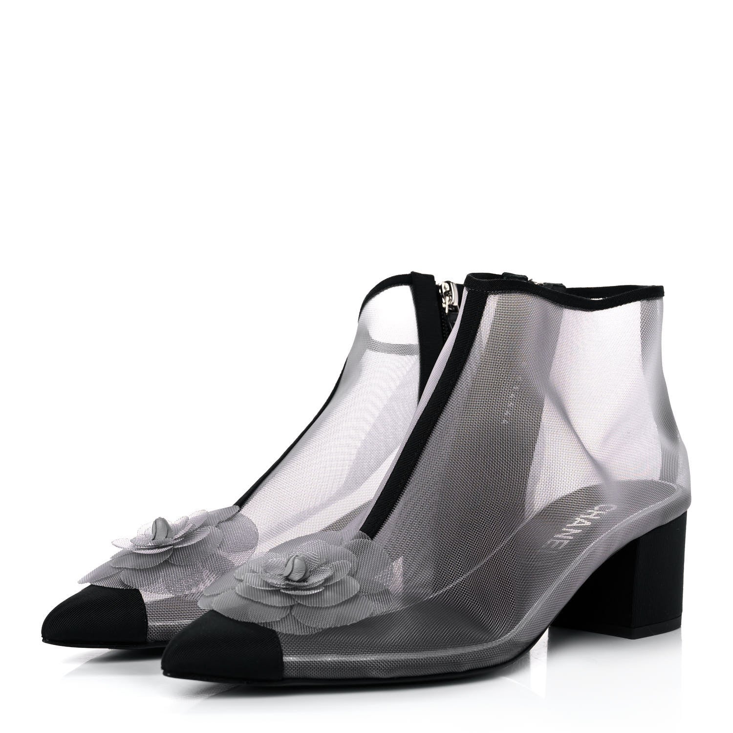 Chanel Mesh Grosgrain Camellia Short Boots 39.5 Grey Black 3 of 8