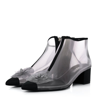 Chanel Mesh Grosgrain Camellia Short Boots 39.5 Grey Black 3 of 8