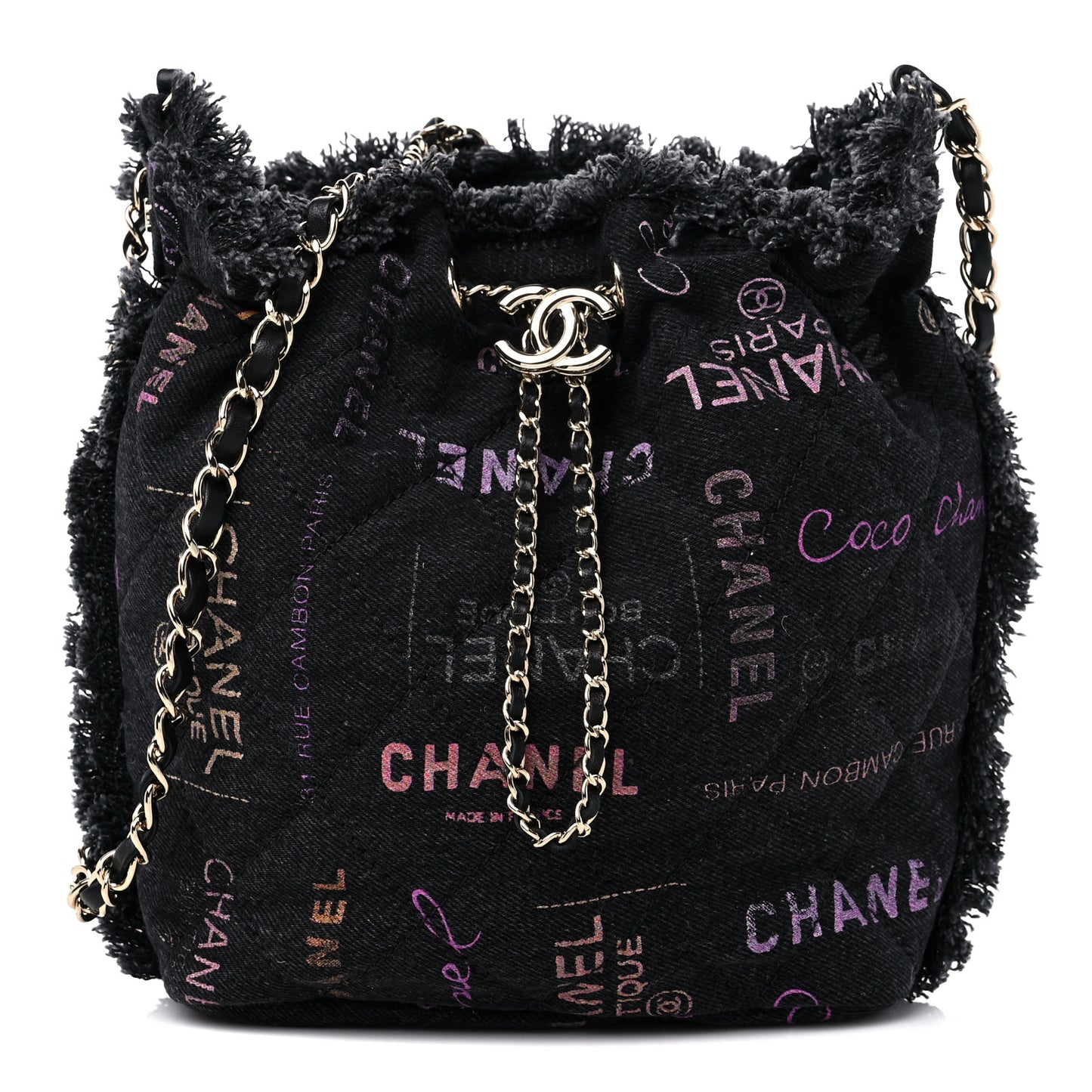 Denim Quilted Mood Bucket With Chain Black Multicolor