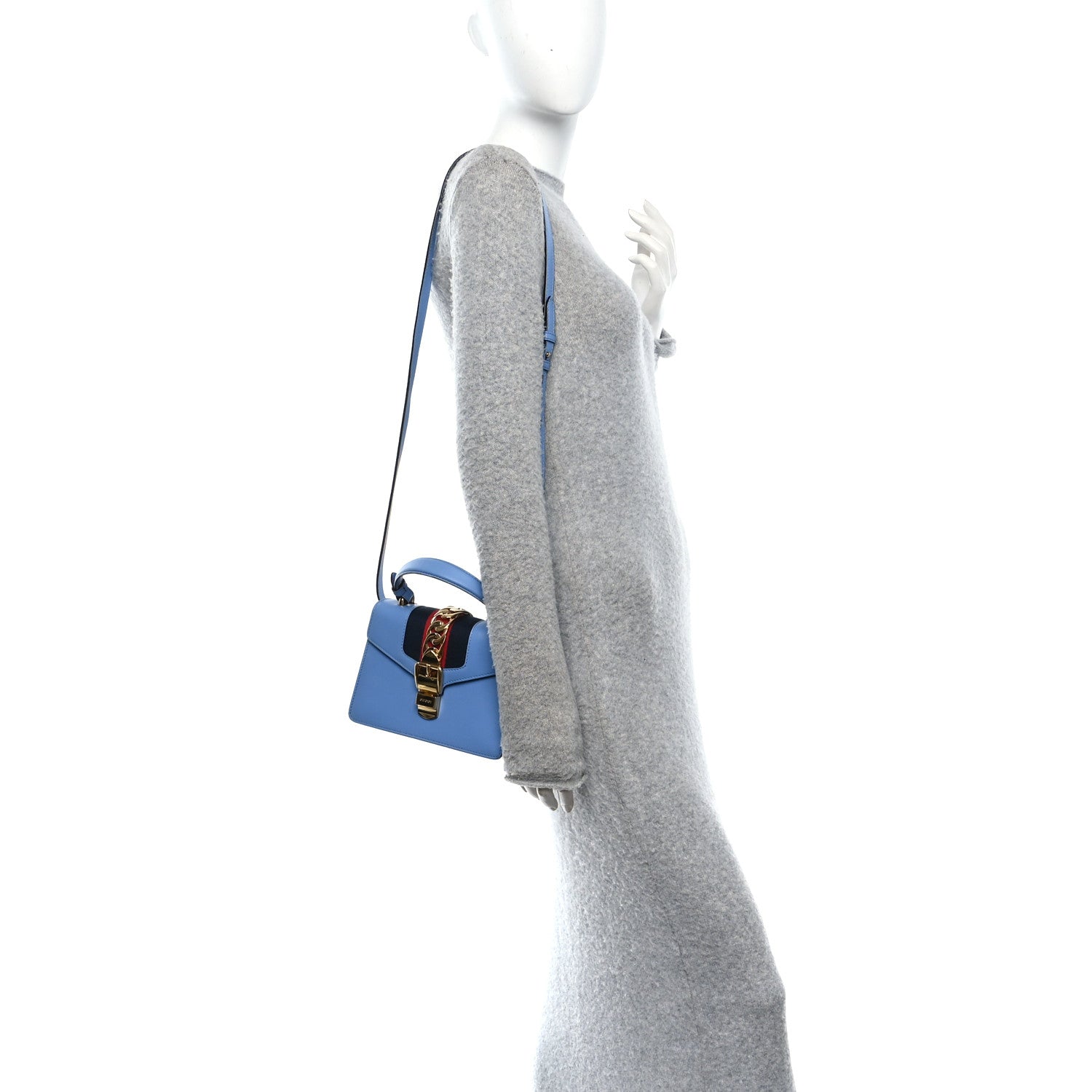 Gucci Vitello Fontanella Web Mini Sylvie Top Handle Bag Clear Sky Blue 2 of 10