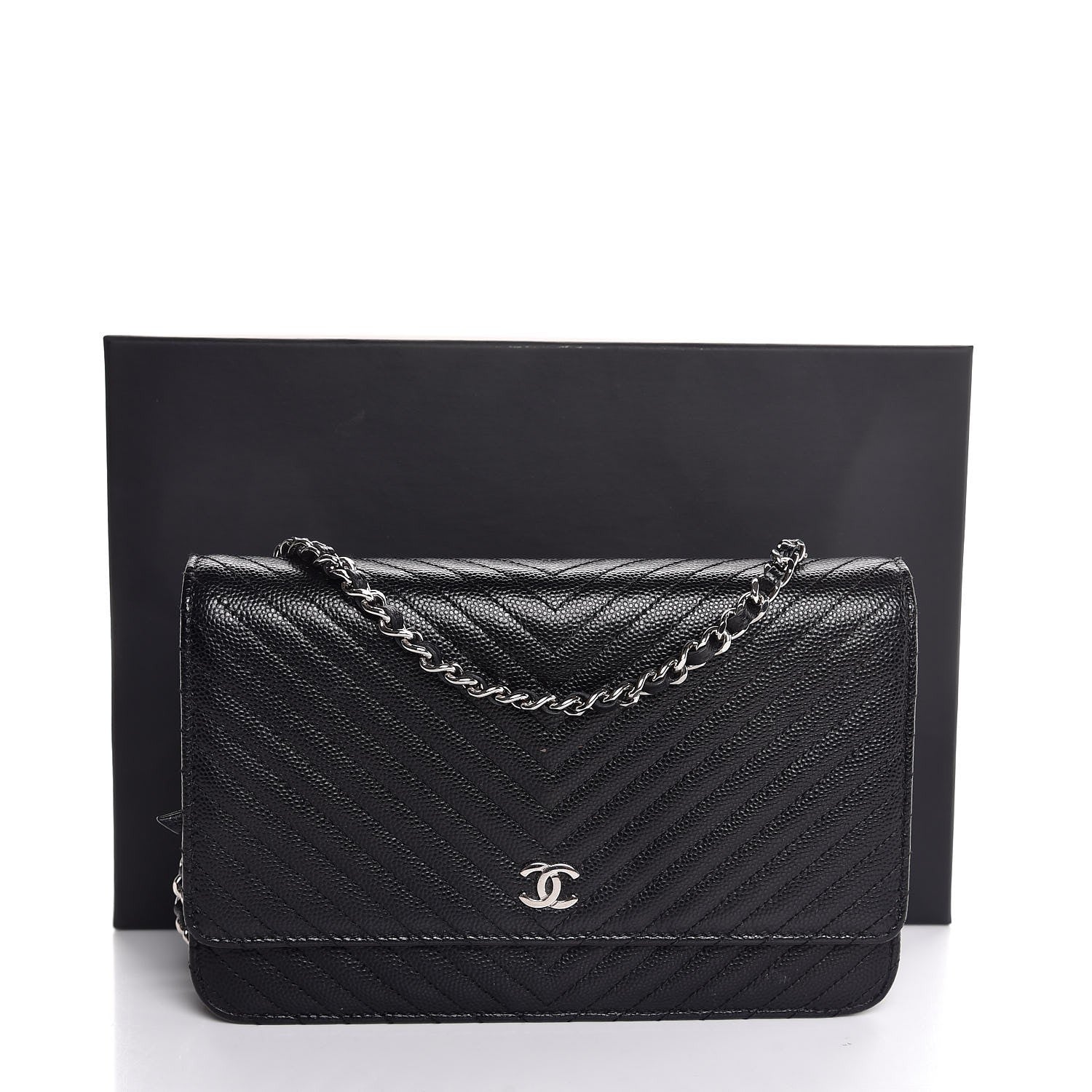 Chanel Caviar Chevron Quilted Wallet On Chain WOC Black 9 of 9