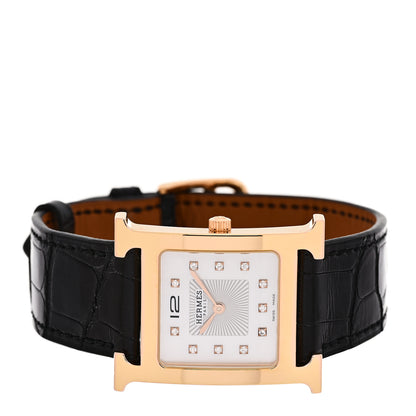 Hermes Stainless Steel Alligator Diamond Mother of Pearl 26mm Heure H Hour Quartz Watch Noir 2 of 5