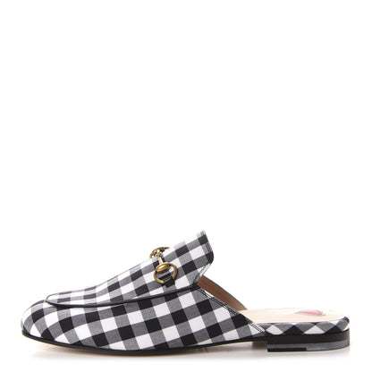 Gucci Cotton Gingham Womens Princetown Slippers 37.5 White Black 1 of 10