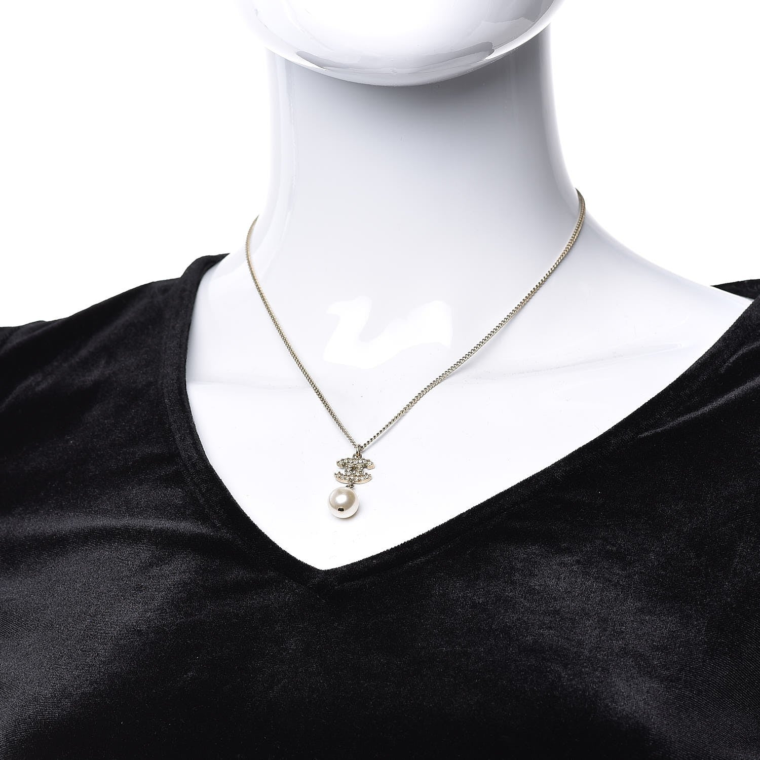 Chanel Pearl Crystal CC Drop Necklace Light Gold 2 of 5