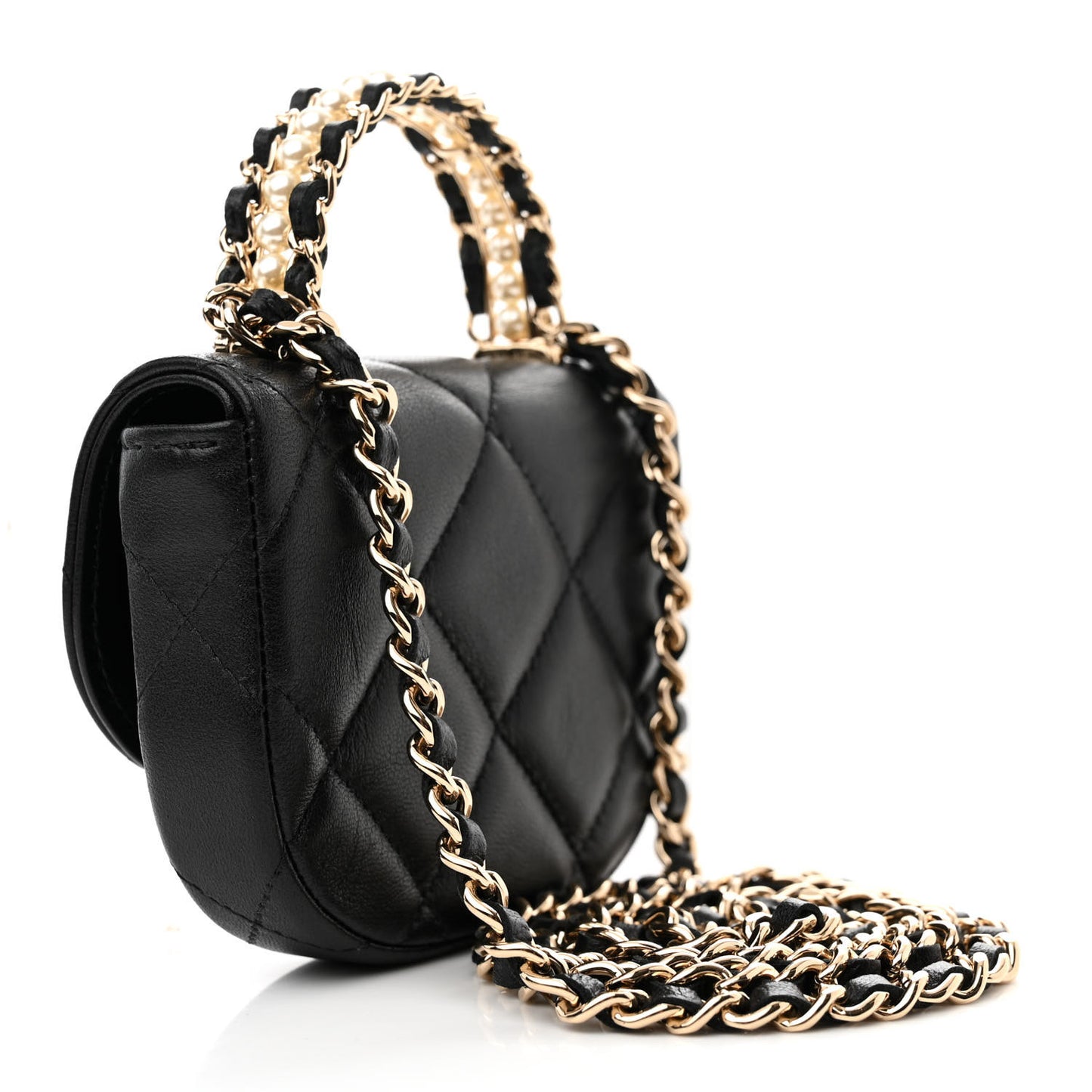 Lambskin Quilted Pearl Top Handle Clutch With Chain Black