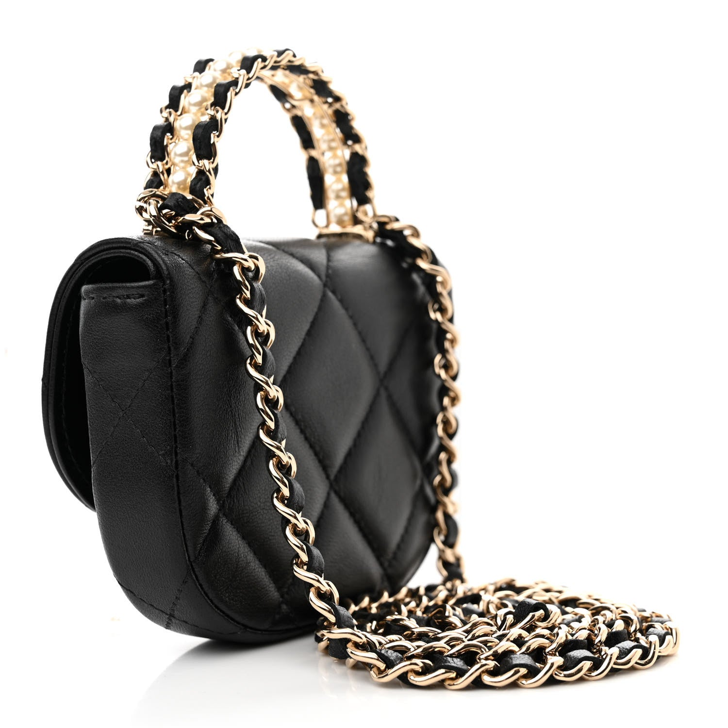 Chanel Lambskin Quilted Pearl Top Handle Clutch With Chain Black 3 of 12