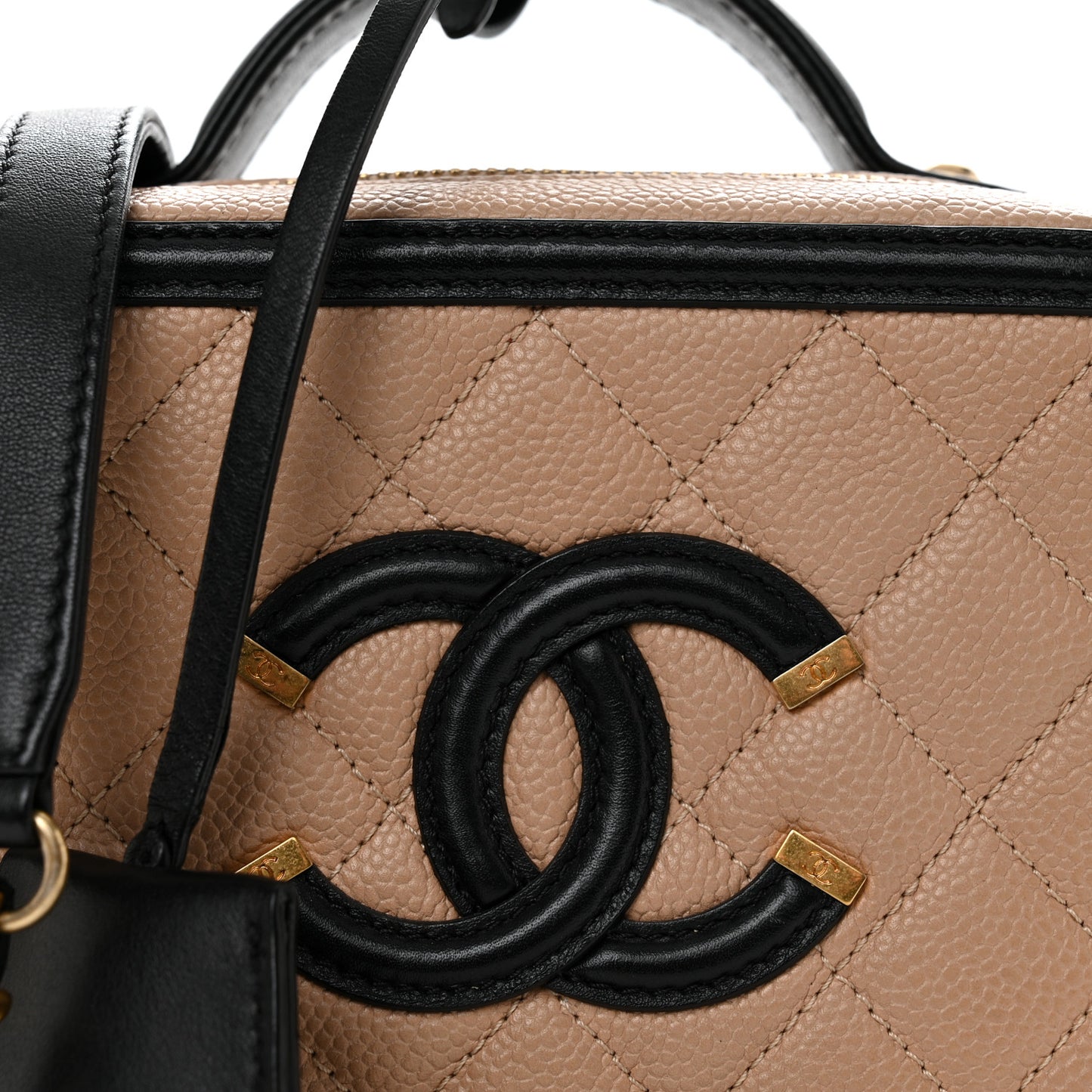 Caviar Quilted Small CC Filigree Vanity Case Beige Black