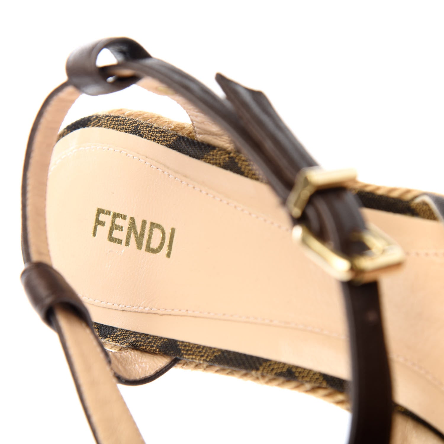 Fendi Canvas FF Raffia Ankle Strap Wedge Sandals 38 Beige 8 of 9