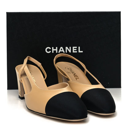 Chanel Goatskin Grosgrain Cap Toe CC Slingback Pumps 39 Beige Black 9 of 9