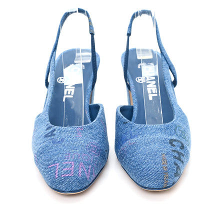 Chanel Denim Printed Mood Cap Toe CC Slingback Pumps 36.5 Light Blue Multicolor 3 of 9