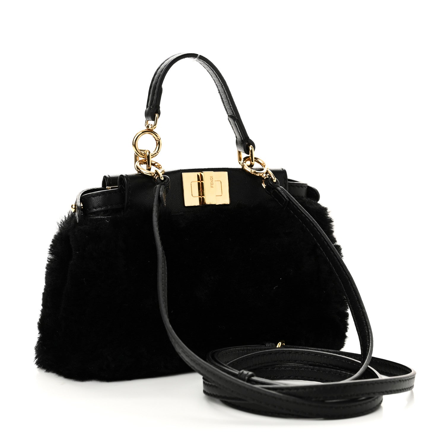 Fendi Shearling Shiny Nappa Micro Peekaboo Iconic Satchel Black 3 of 9